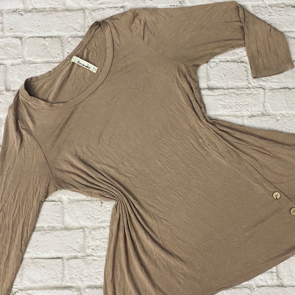 Tan tunic top with 3/4 sleeves and button detail